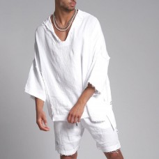 Men's 3/4 Sleeve Linen Hooded Shirt