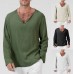 Men's Solid Color V-neck Casual Long-sleeved Cotton And Linen T-shirt