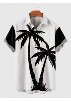 White and Black Matching Palms Coconut Tree Printing Men's Short Sleeve Shirt