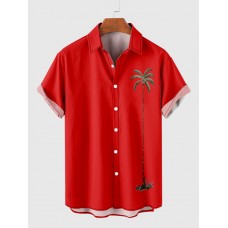 Retro Red Coconut Element Palms Print Trendy Men's Short Sleeve Shirt