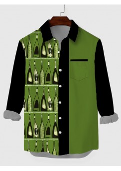 Black & Green Stitching Elegant Art Bottles Printing Breast Pocket Men's Long Sleeve Shirt