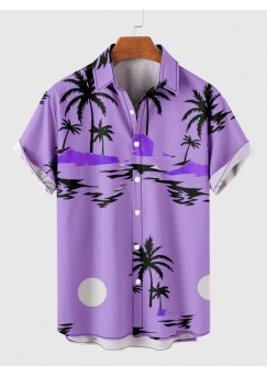 Purple Coconut Tree Print Summer Casual Men's Short Sleeve Shirt