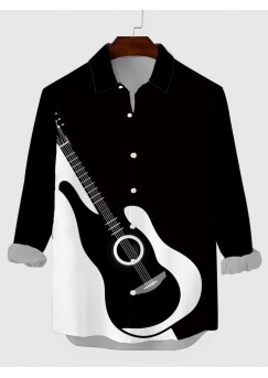 Music Elements Abstract Black & White Stitching Guitar Printing Men's Long Sleeve Shirt