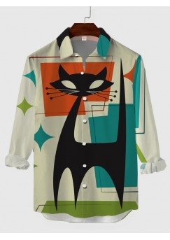 Medieval Fashion Cat Pattern Printing Men's Long Sleeve Shirt