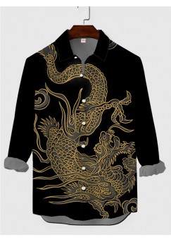 Black Full-Print Golden Dragon Cool Printing Men's Long Sleeve Shirt