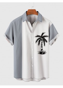 Blue-Grey and White Matching Coconut Tree Printing Men's Short Sleeve Shirt
