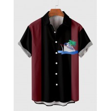 Steamboat and Coconut Tree Printing Black and Maroon Stitching Men's Short Sleeve Shirt