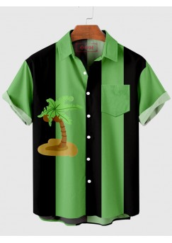 Coconut Tree Printing Black and LightGreen Stitching Men's Short Sleeve Shirt